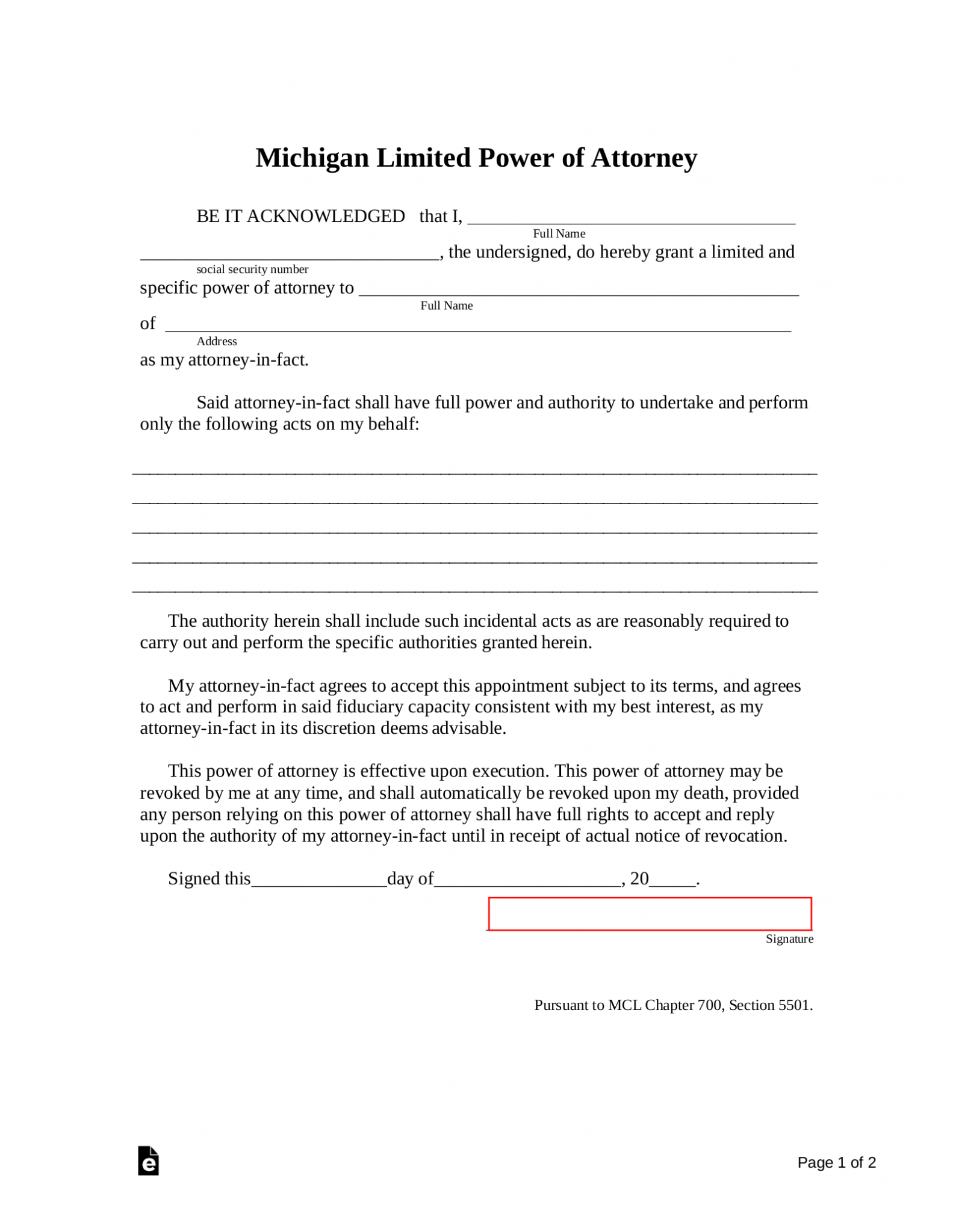 Free Michigan Motor Vehicle Power Of Attorney Form Tr Pdf Eforms