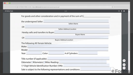 screenshot of fillable bill of sale form in browser