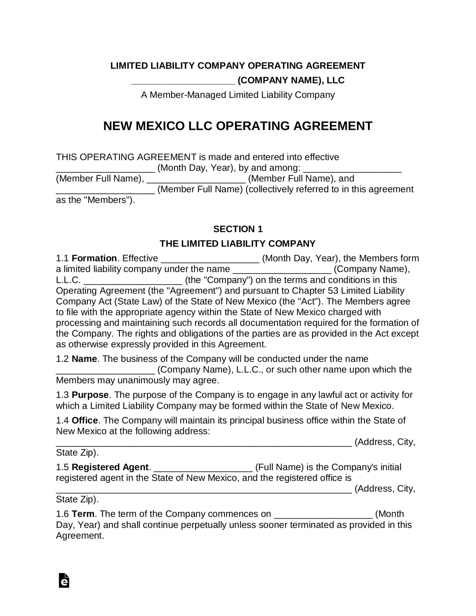 Free New Mexico Multi Member LLC Operating Agreement PDF Word EForms