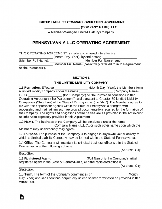 Free Pennsylvania LLC Operating Agreement Templates PDF Word eForms