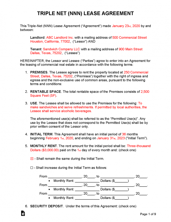 Free Triple Net (NNN) Lease Agreement For Commercial Property Word PDF eForms