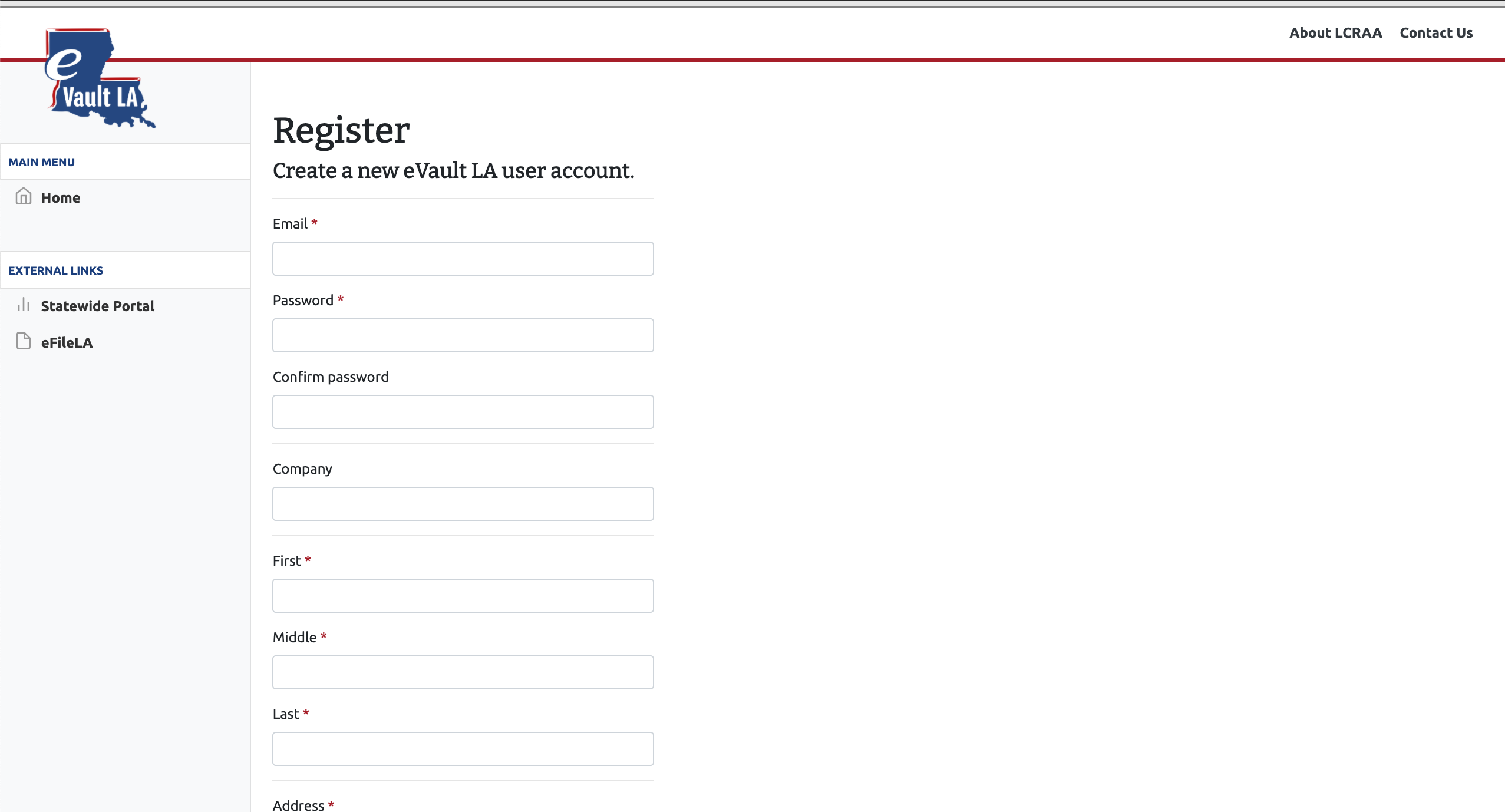 eVaultLA user registration page