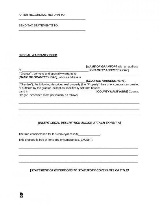 Free Oregon Special Warranty Deed Form Pdf Word Eforms