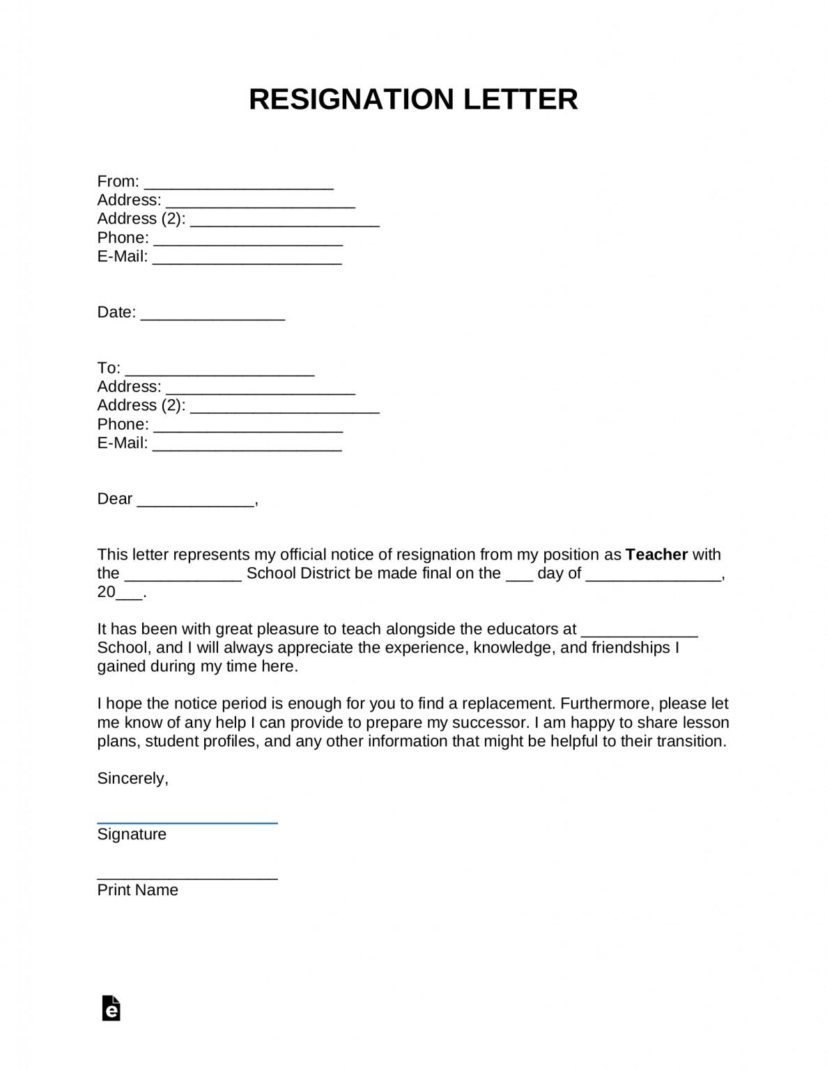 Free Teacher Resignation Letter Templates Samples PDF Word EForms