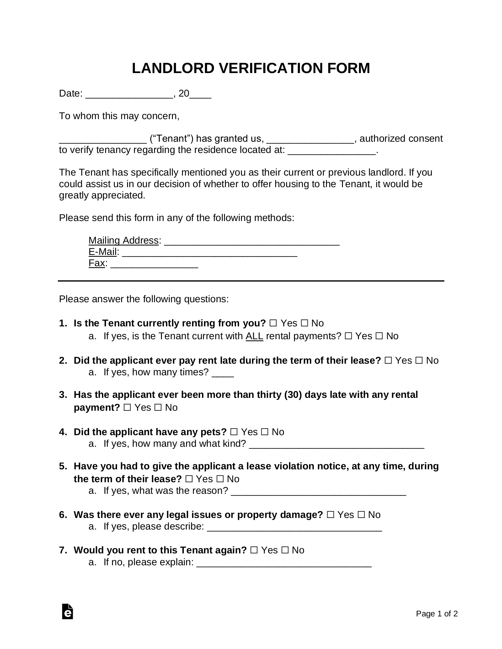 Free Rent Landlord Verification Form PDF Word EForms 6240 Hot Sex Picture