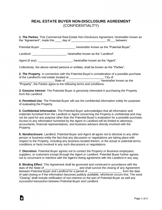 Free Non Disclosure Agreement Template from eforms.com