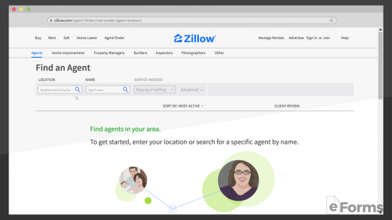 browser showing zillow.com search page for agents
