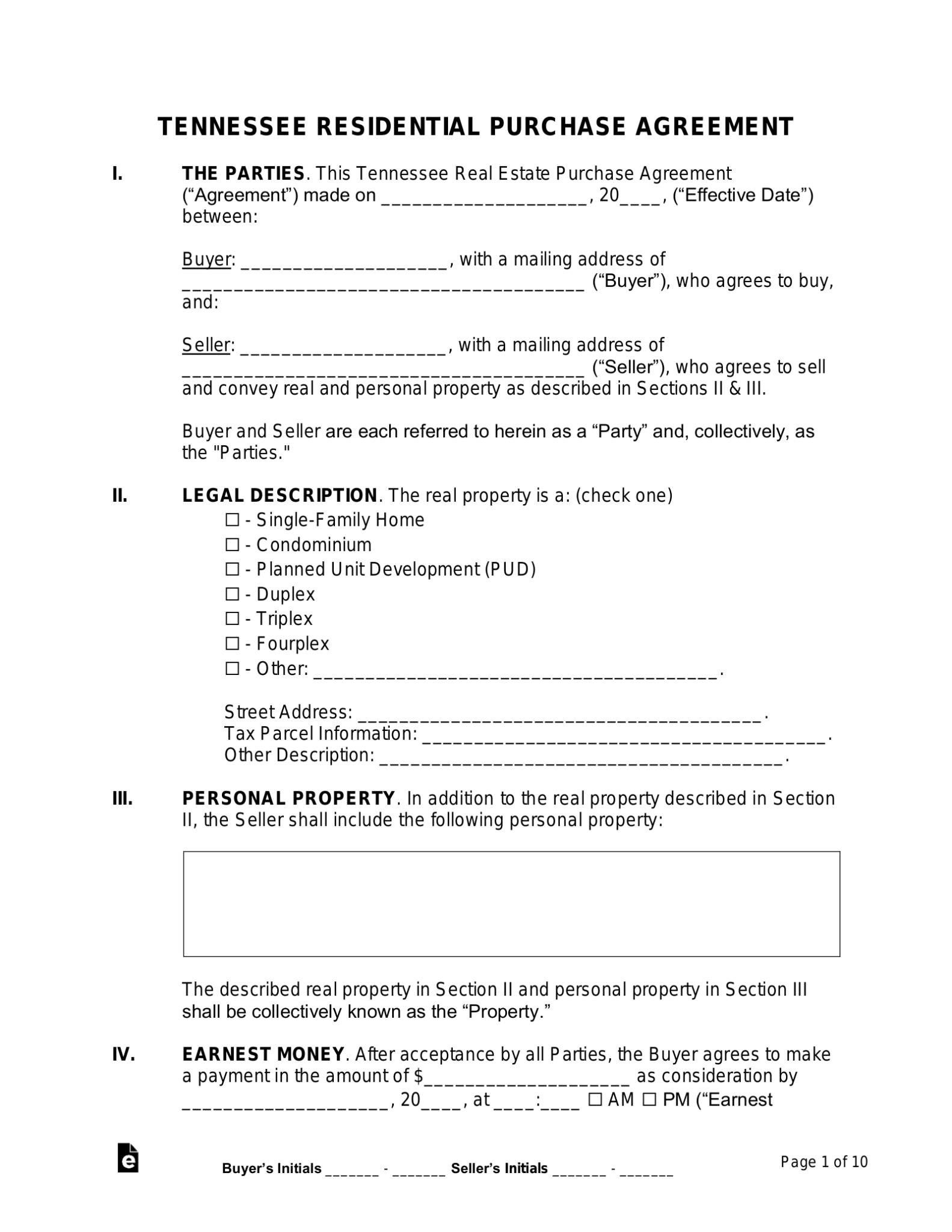 Free Tennessee Residential Purchase Agreement Template Pdf Word