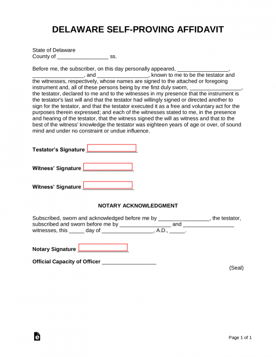 Free Delaware Self Proving Affidavit Form PDF Word EForms