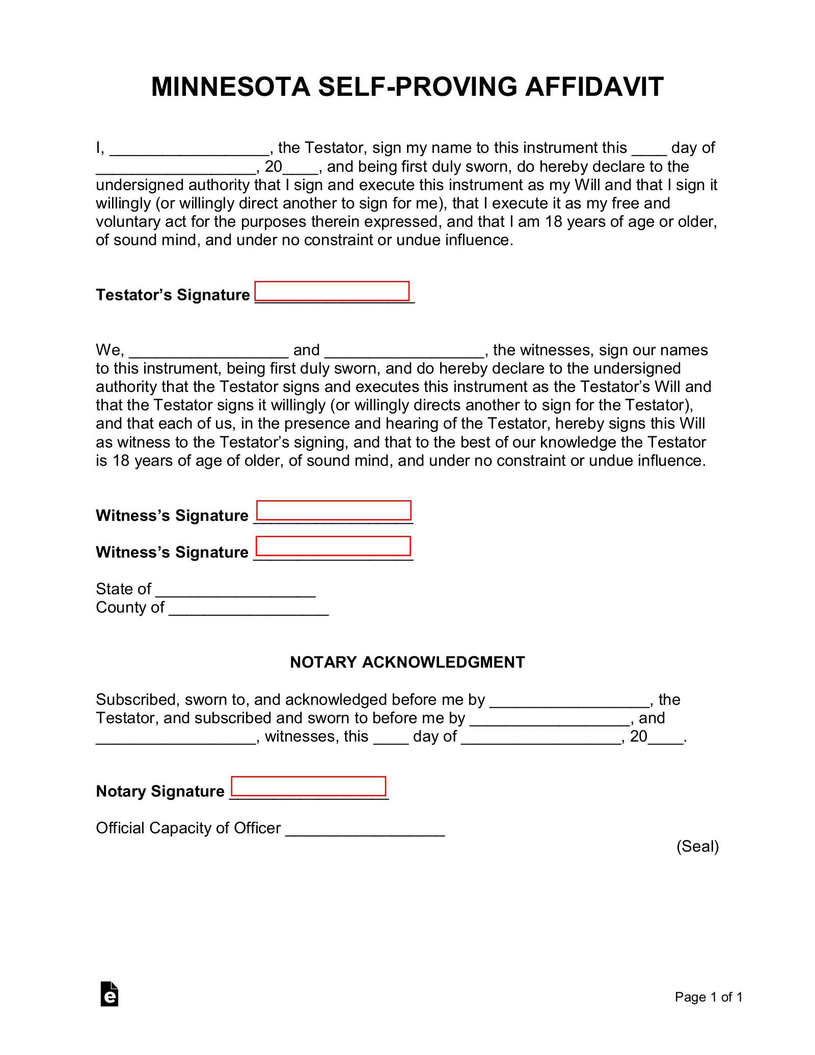 Free Minnesota Self Proving Affidavit Form PDF Word EForms