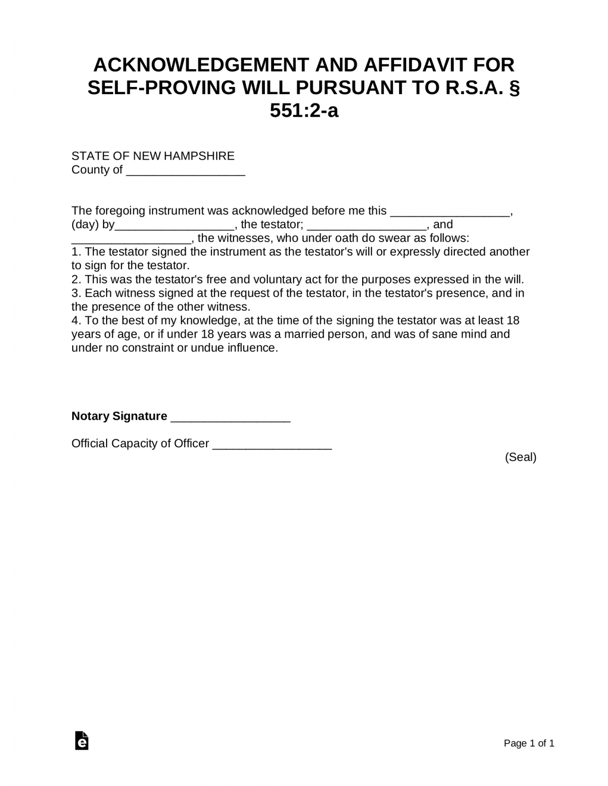 Free New Hampshire Self Proving Affidavit Form PDF Word EForms