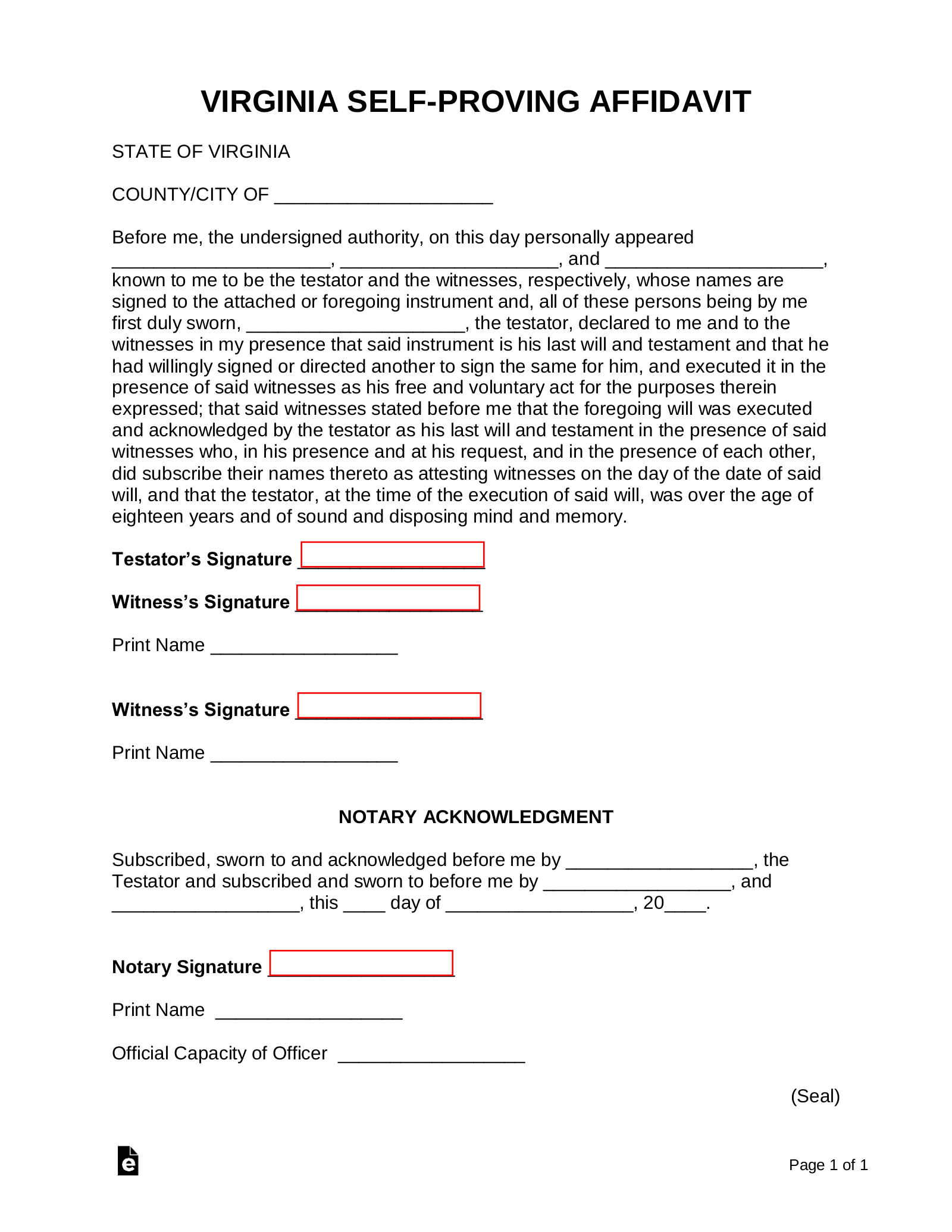 Free Virginia Self Proving Affidavit Form PDF Word EForms