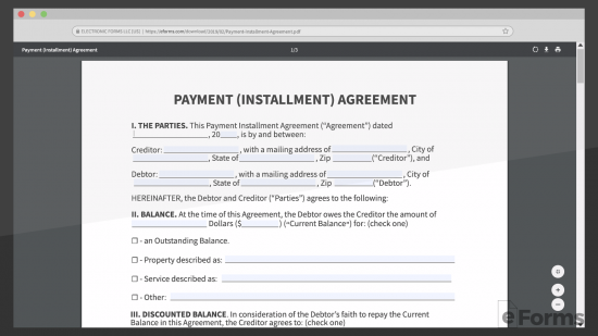 browser showing eforms payment installment agreement form
