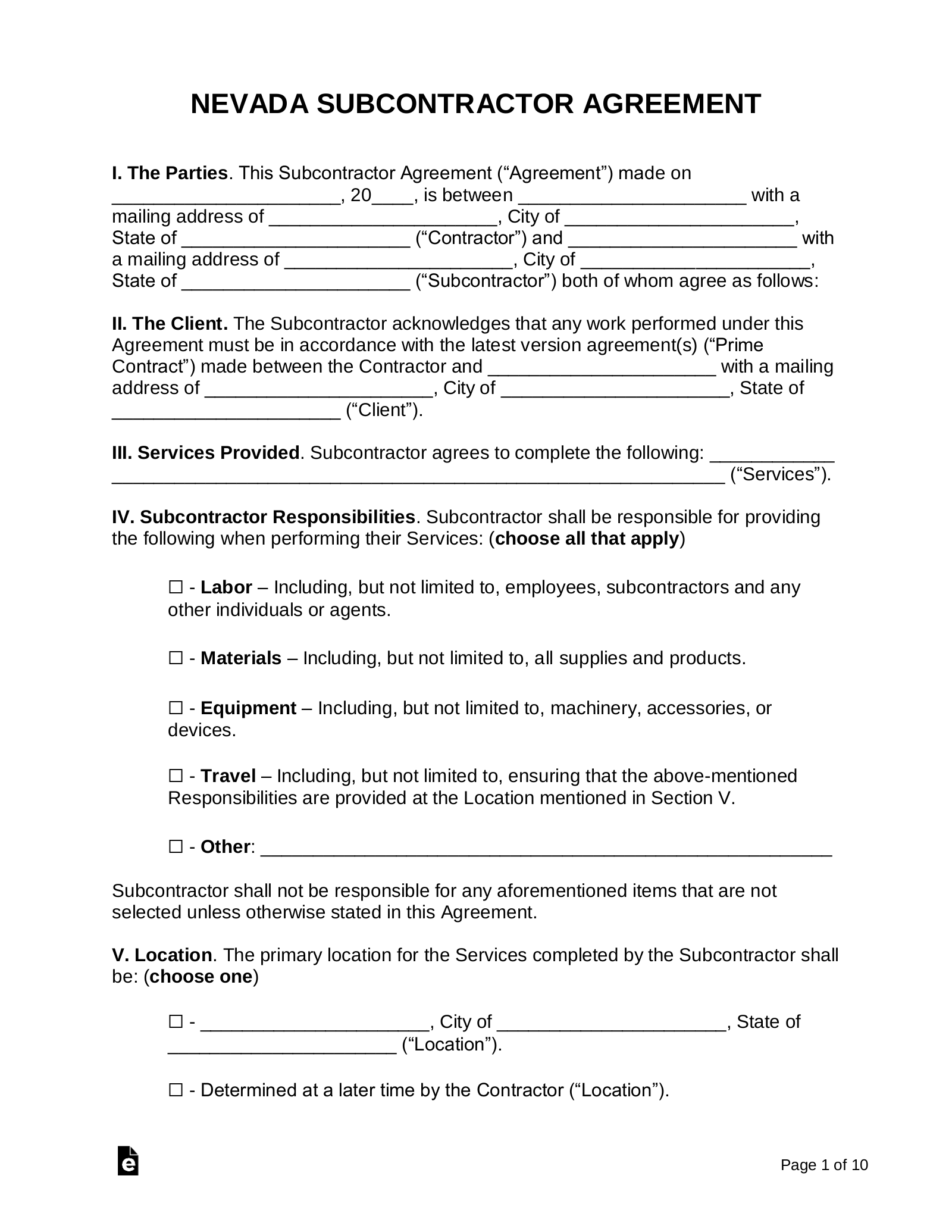 Free Nevada Subcontractor Agreement Pdf Word Eforms