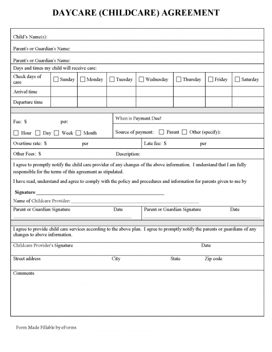 Free Daycare (Child Care) Contract Template PDF Word eForms