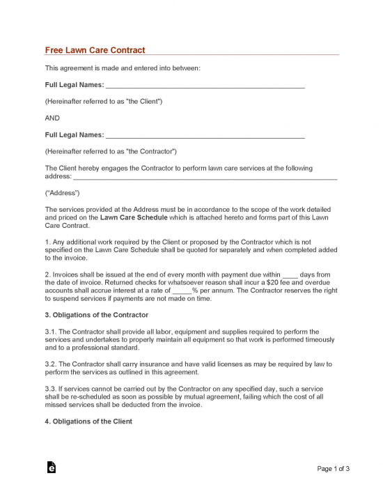 Lawn Maintenance Contract Template Free from eforms.com
