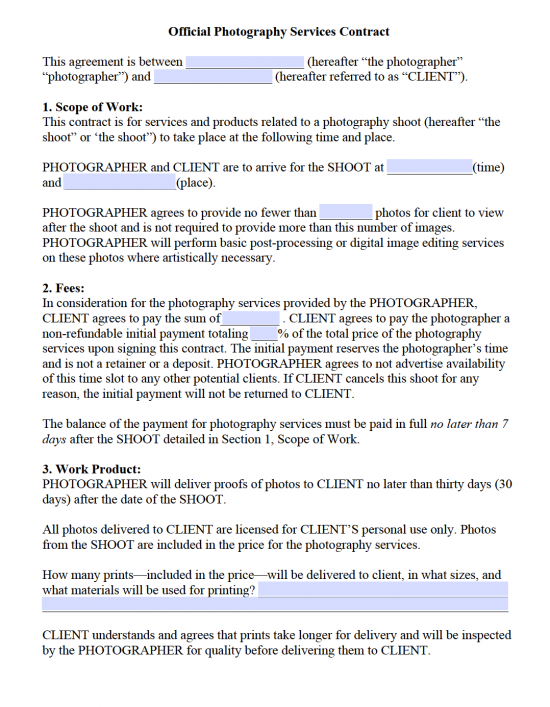Photography Contract Template Free Sample For Wedding