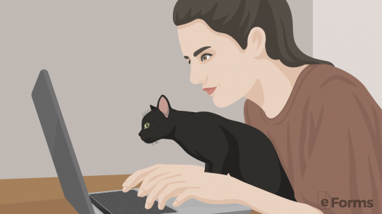 buyer reviewing their credit on laptop with cat in lap