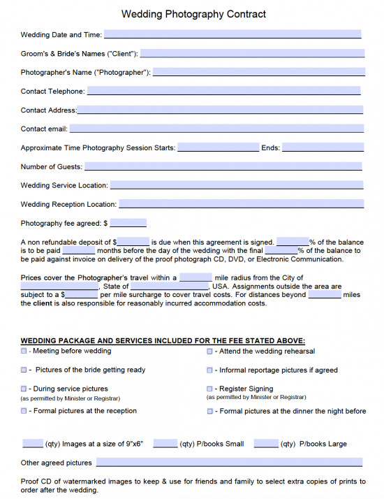 Free wedding photography contract template