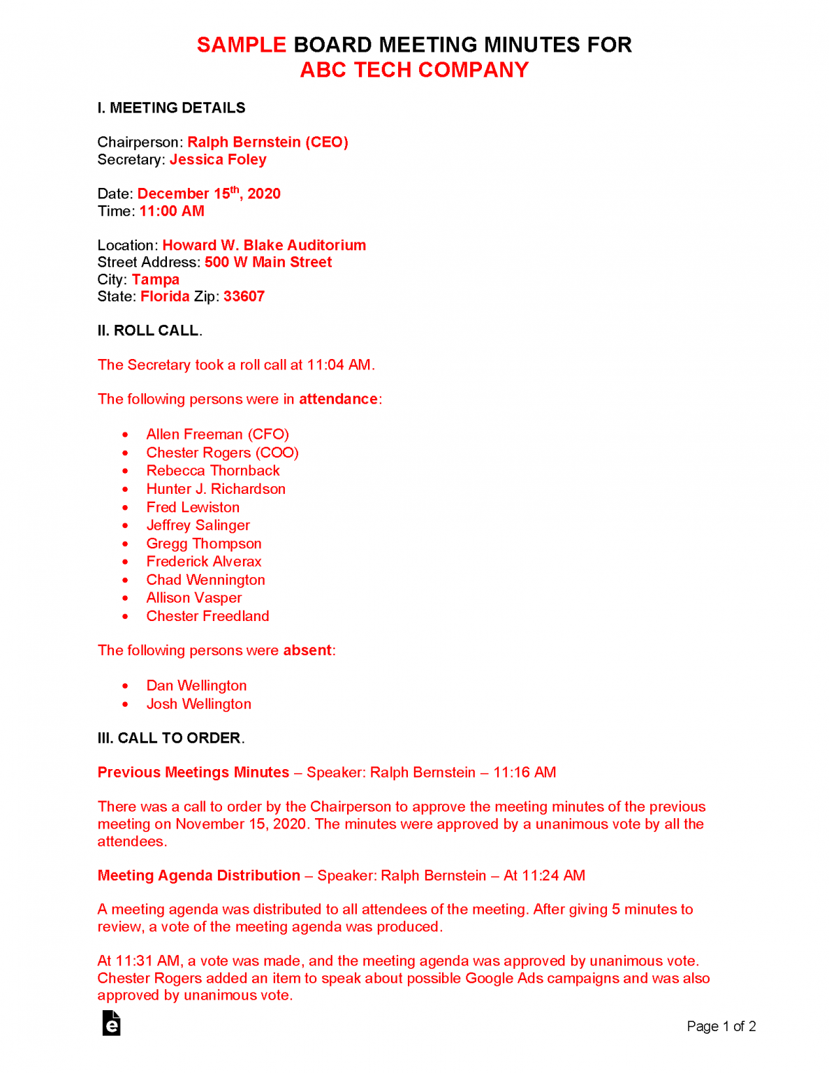 Free Board Meeting Minutes Template Sample PDF Word EForms