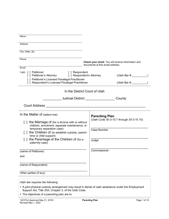 Free Utah Custody Parenting Plan Pdf Eforms