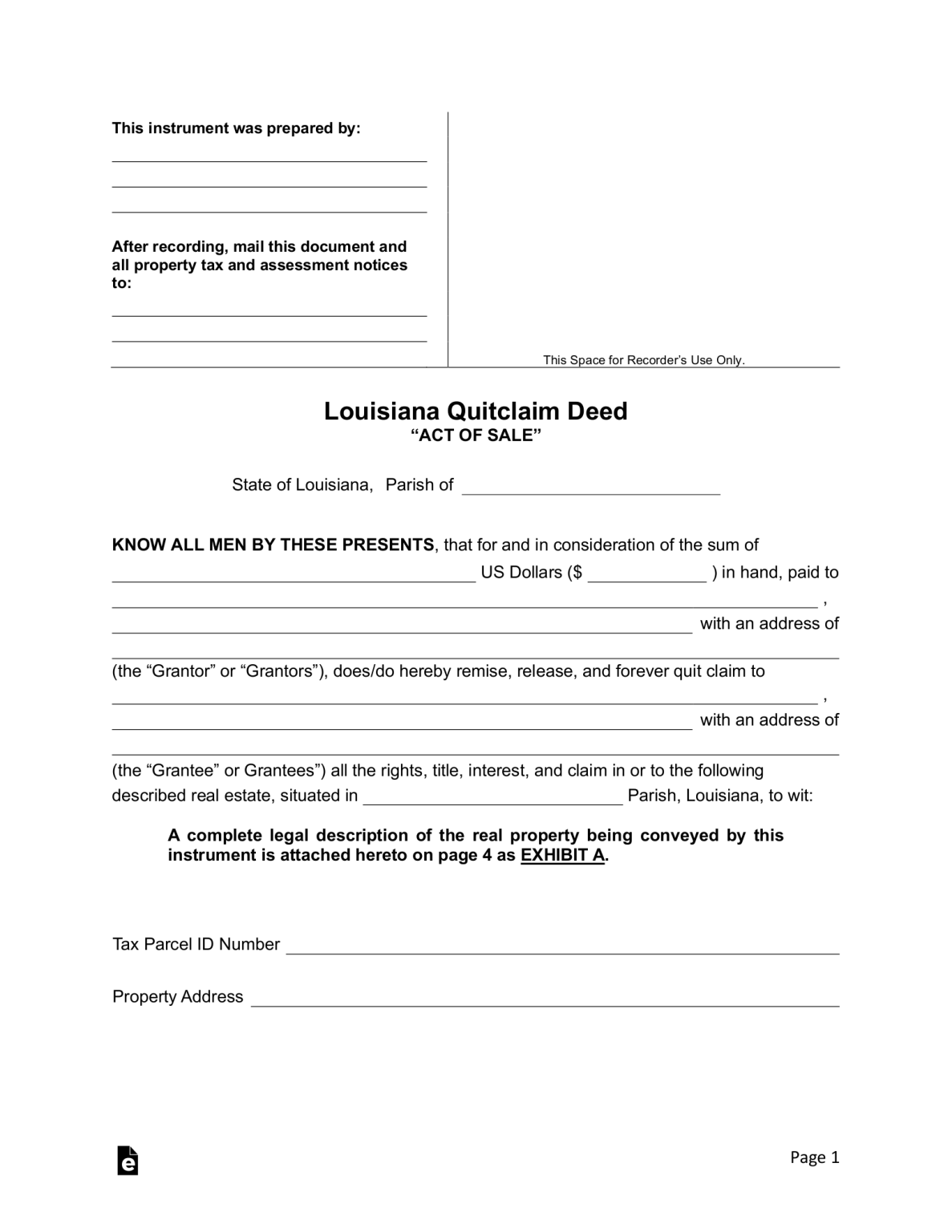 Free Louisiana Quit Claim Deed Form Pdf Word Eforms