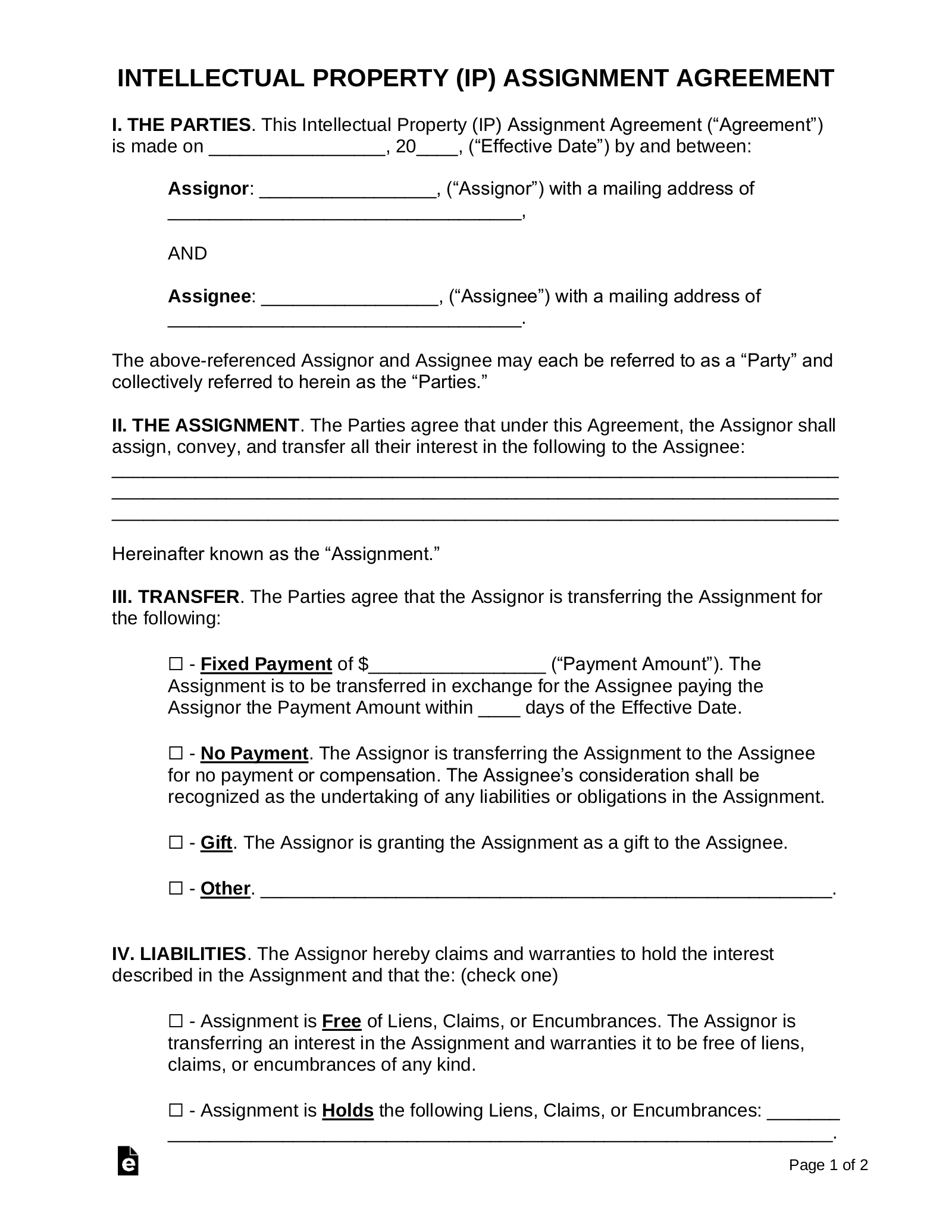 assignment agreement form