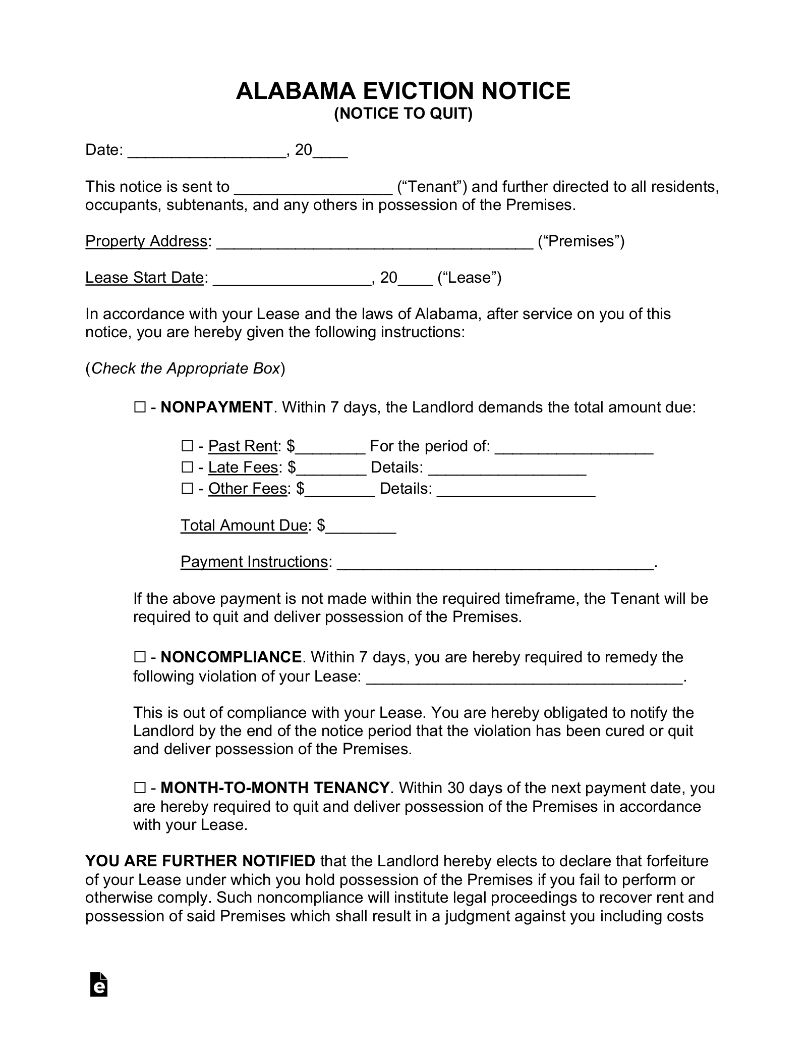 Free Alabama Eviction Notice Forms 3 PDF Word EForms