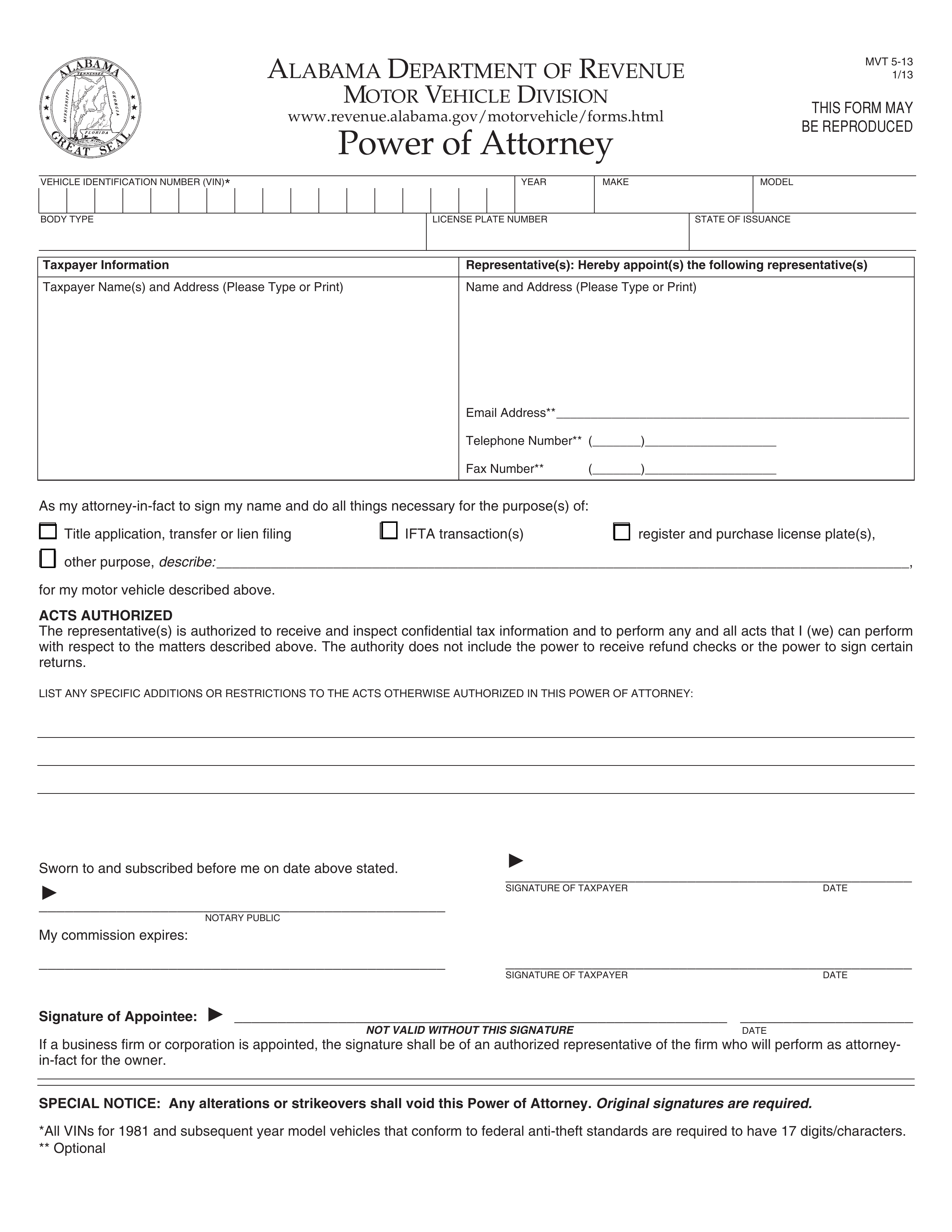 Alabama Motor Vehicle Power of Attorney Form | MVT 5-13