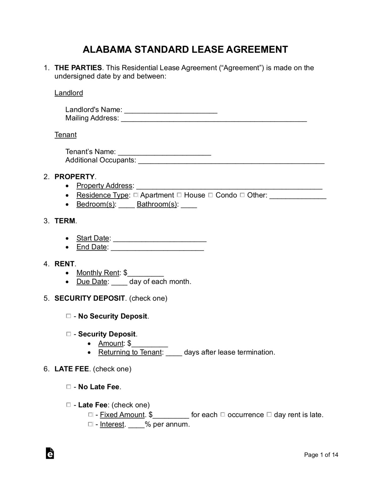 Free Printable Alabama Lease Agreement Pdf