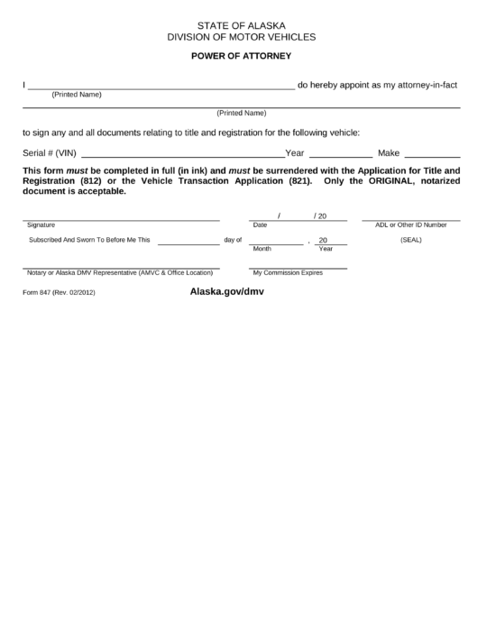 Free Alaska DMV Power of Attorney | Form 847 - PDF – eForms