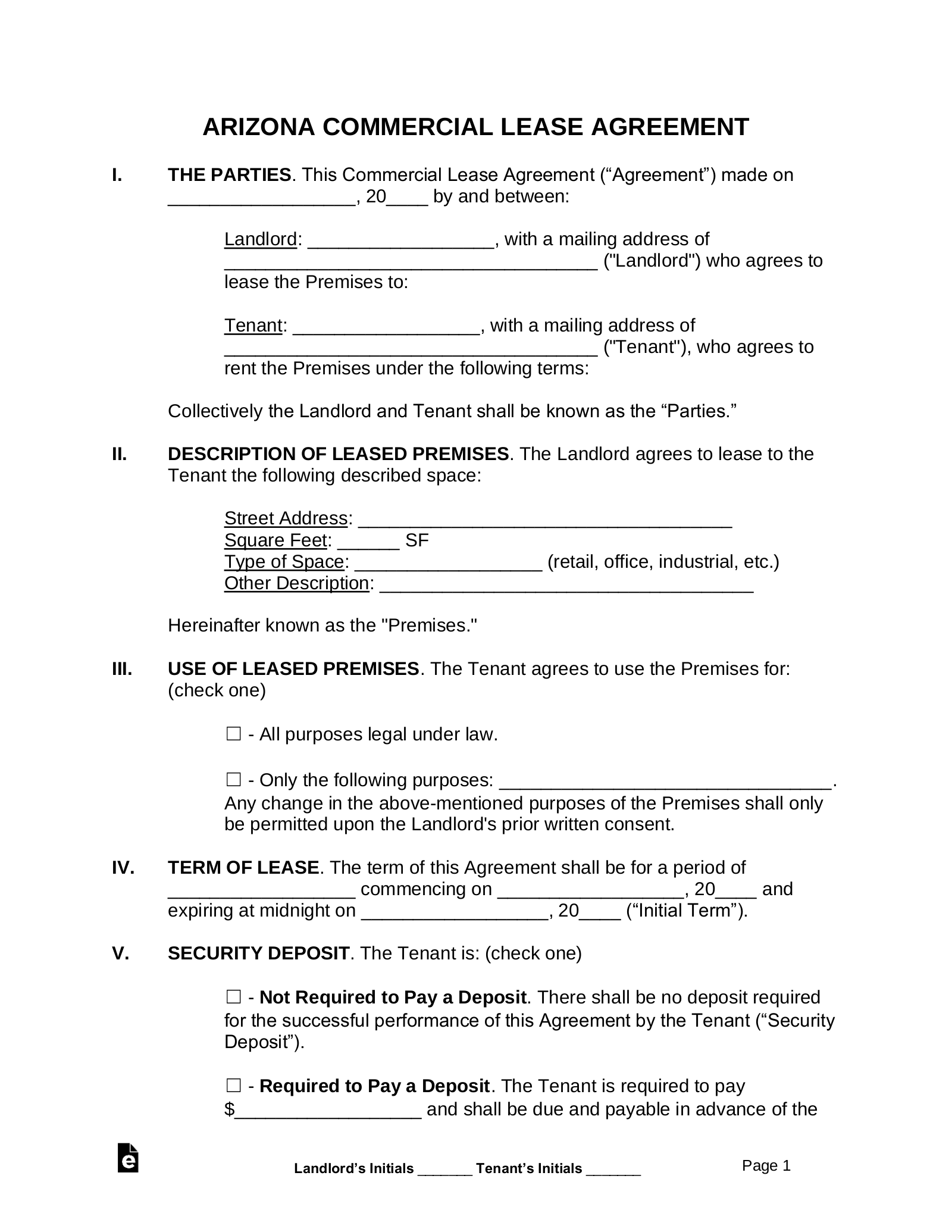 Arizona Commercial Lease Agreement Template
