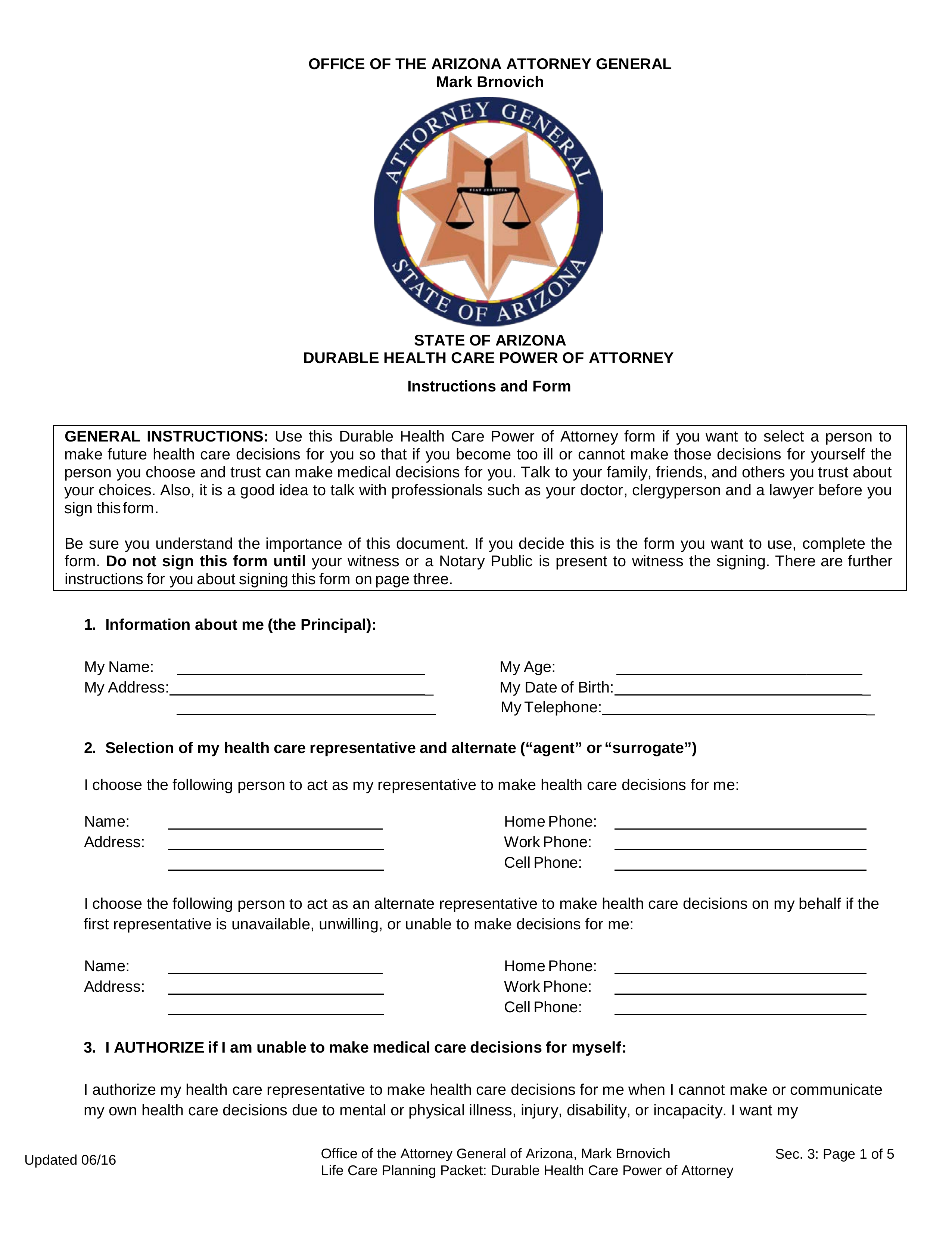 Free Arizona Medical Power of Attorney Form PDF eForms