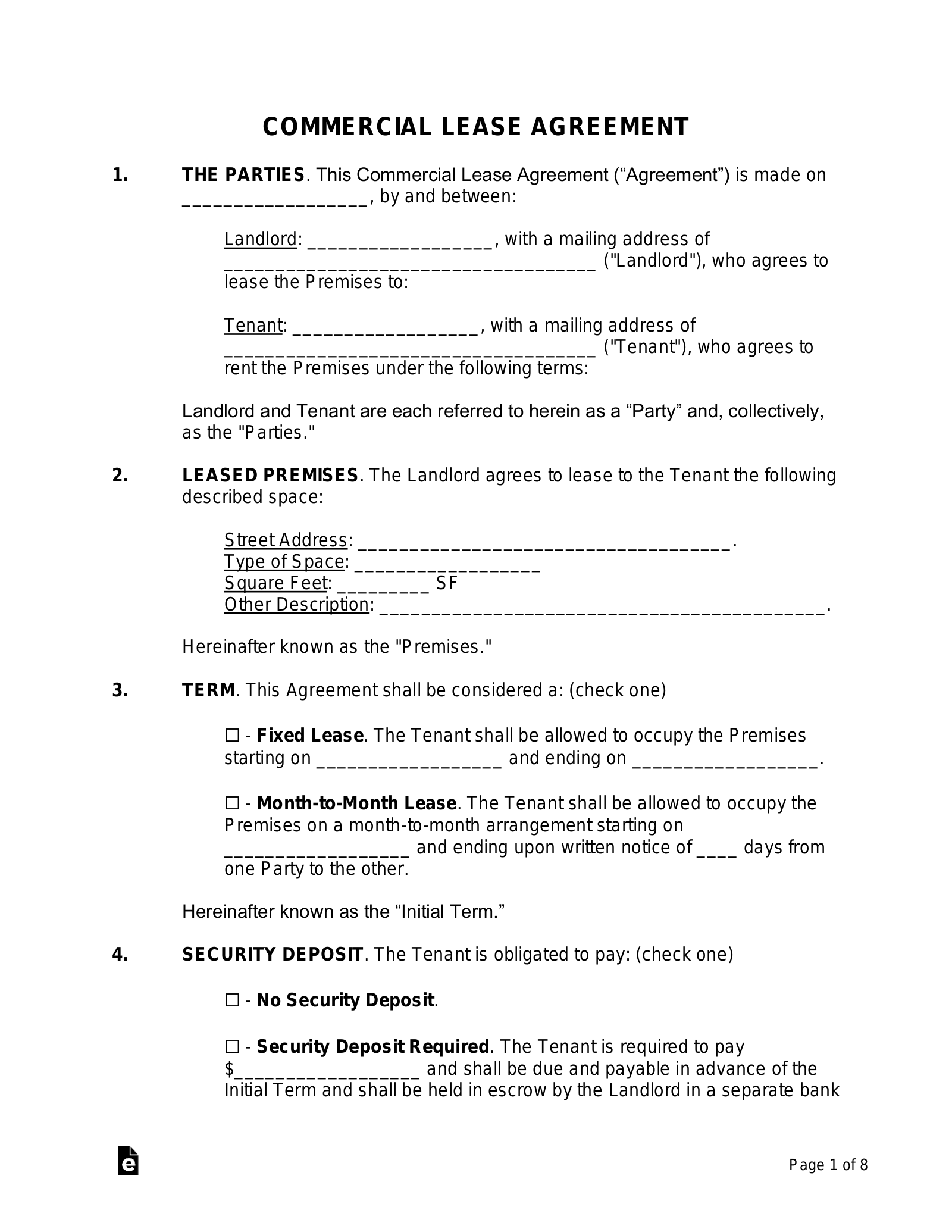Free Commercial Lease Agreement Template Word PDF EForms