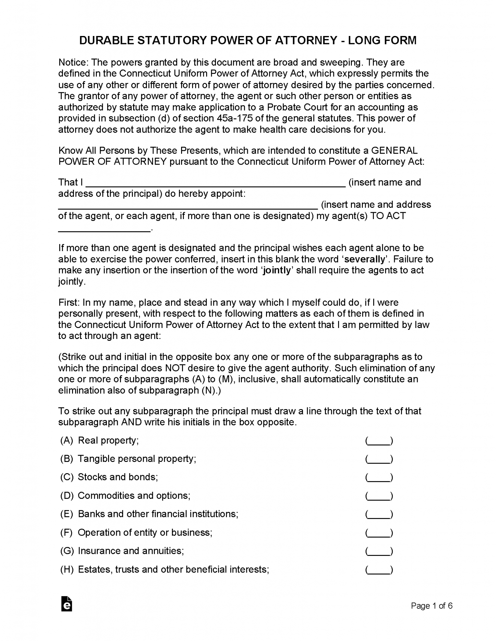 Free Connecticut Durable (Statutory) Power of Attorney Form PDF