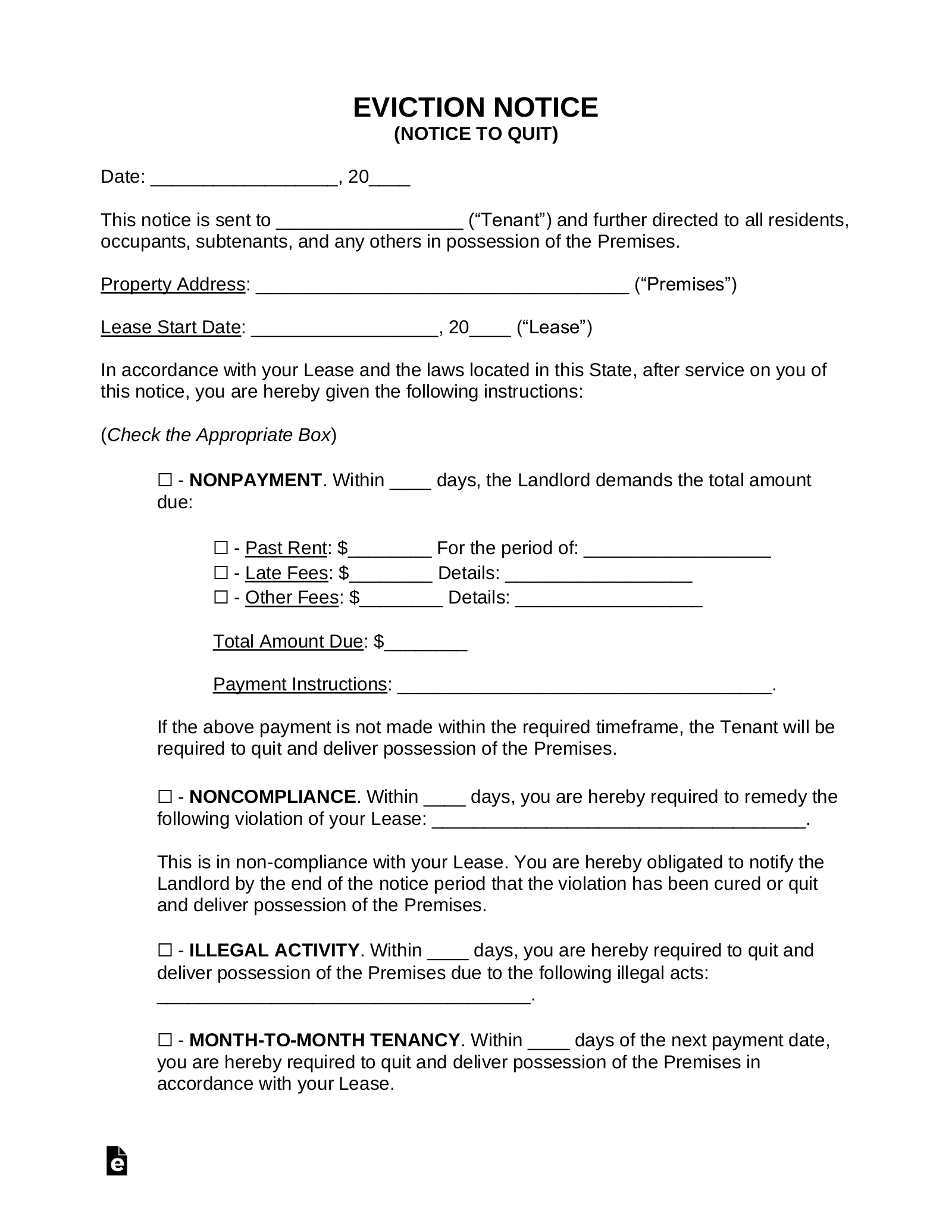 Free Eviction Notice Template Notice To Quit PDF Word EForms