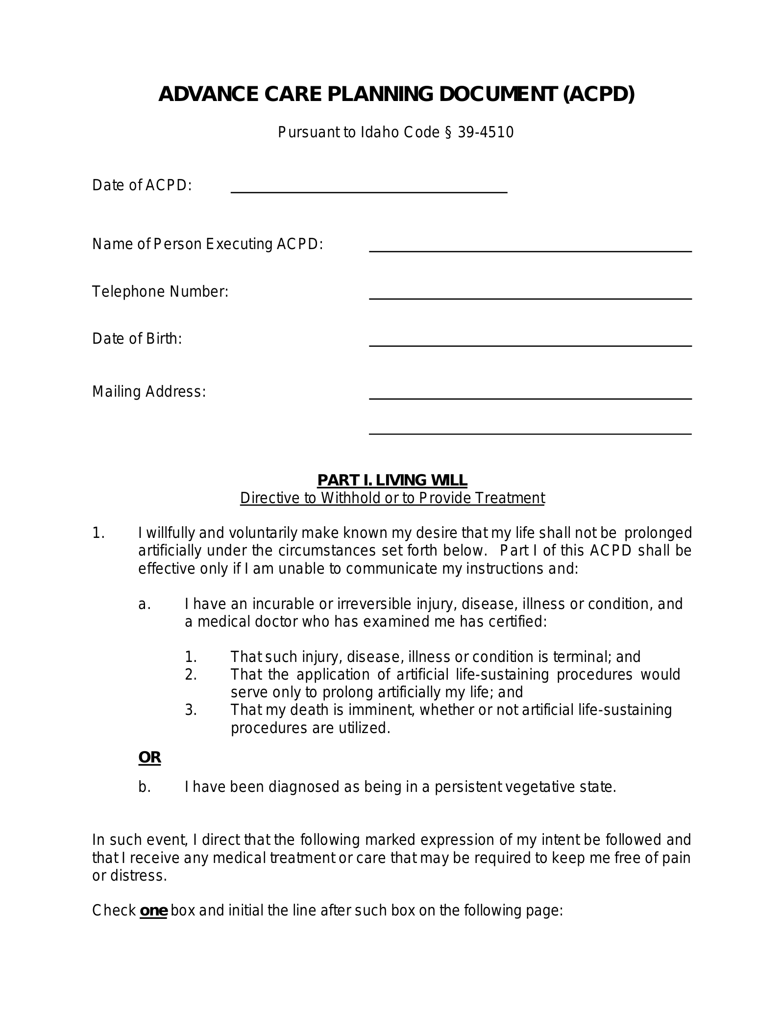 Idaho Advance Directive Form