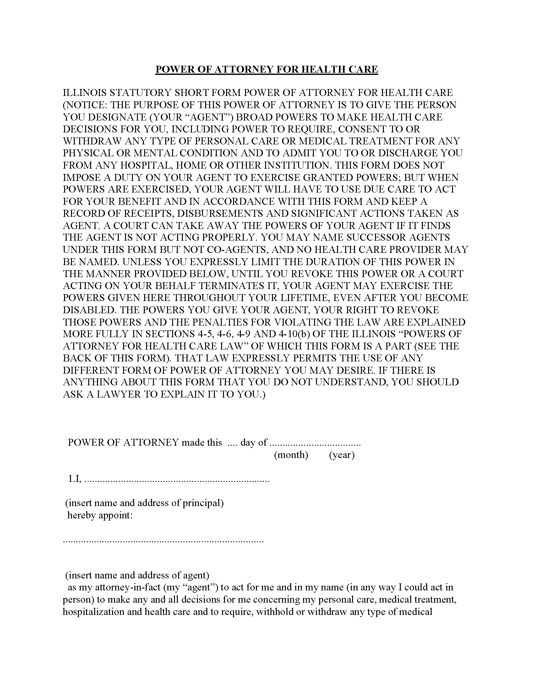 power of attorney form illinois health care