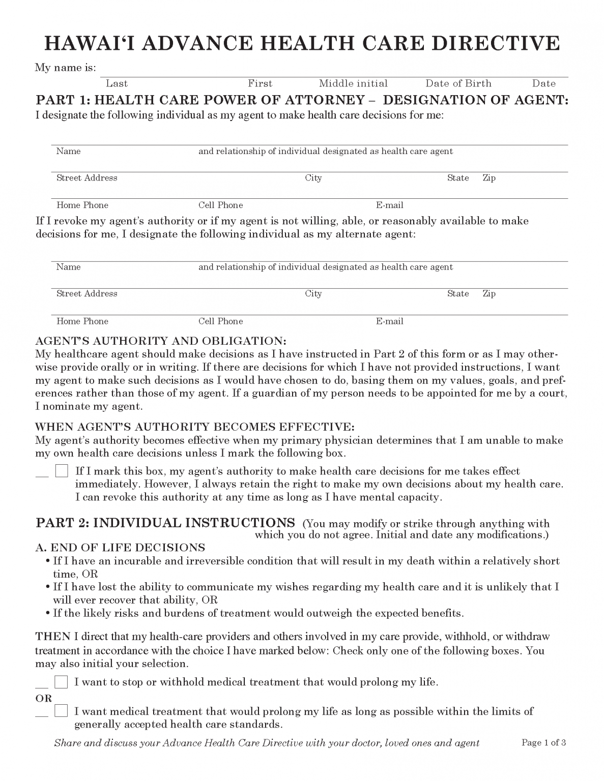 Free Hawaii Advance Health Care Directive - PDF – eForms