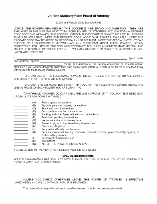 Free California Durable (Statutory) Power of Attorney Form - PDF | Word ...
