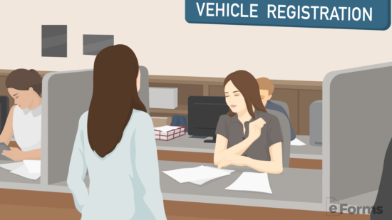 new owner providing paperwork to dmv for vehicle registration 