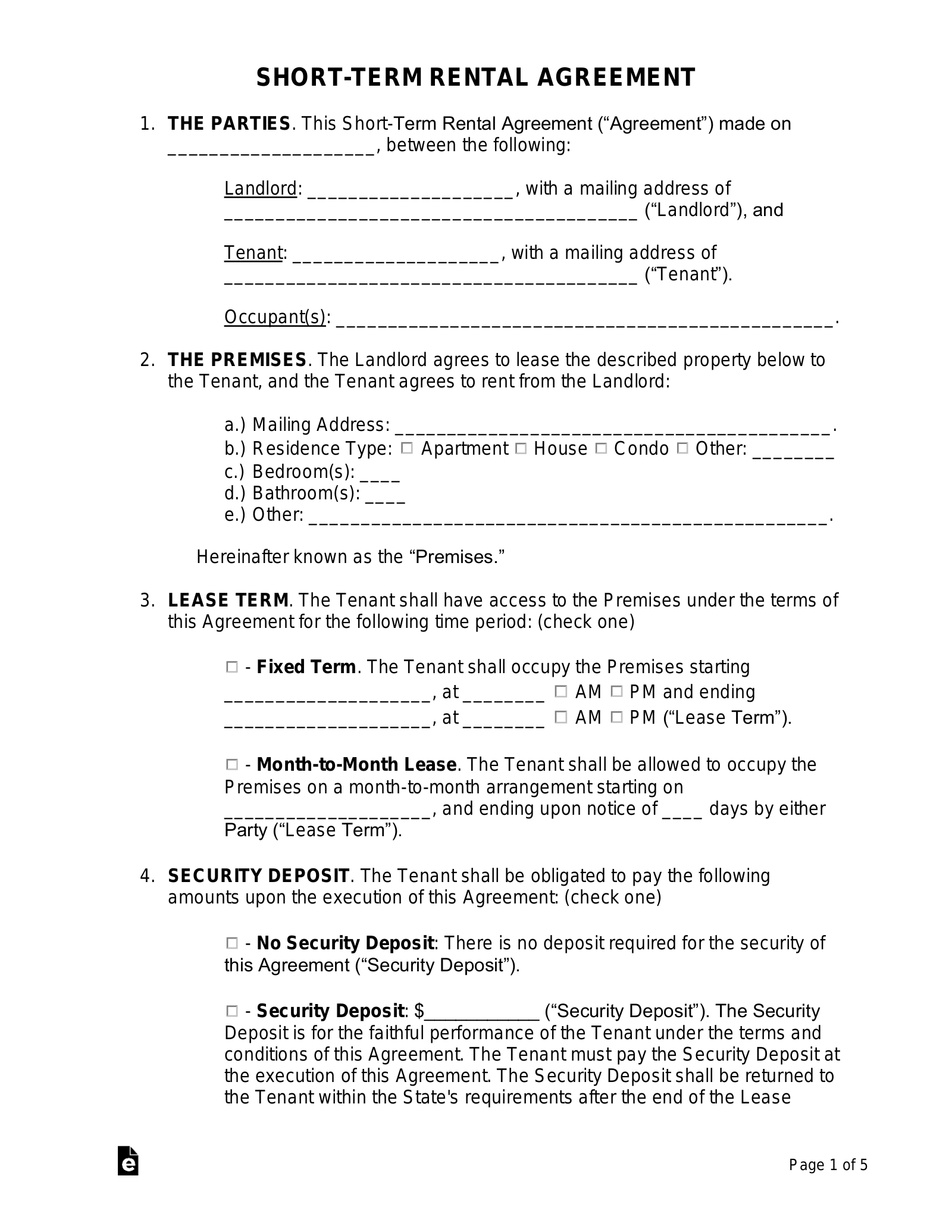 Free Short Term Vacation Rental Lease Agreement PDF Word EForms