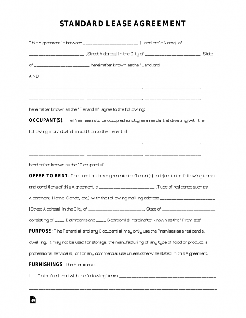 Standard Residential Lease Agreement Form 791x1024 