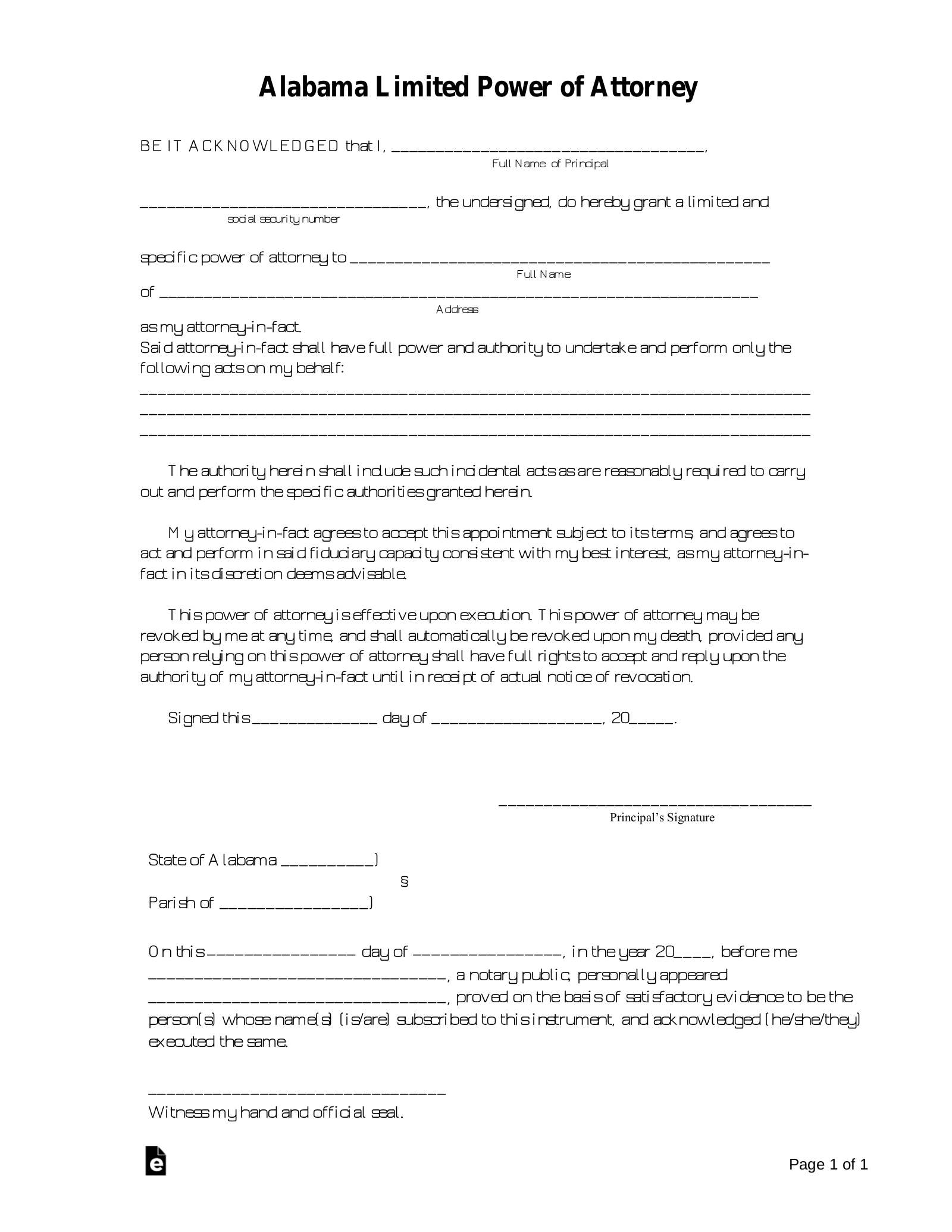 Free Alabama Limited Power Of Attorney Form Pdf Word Eforms