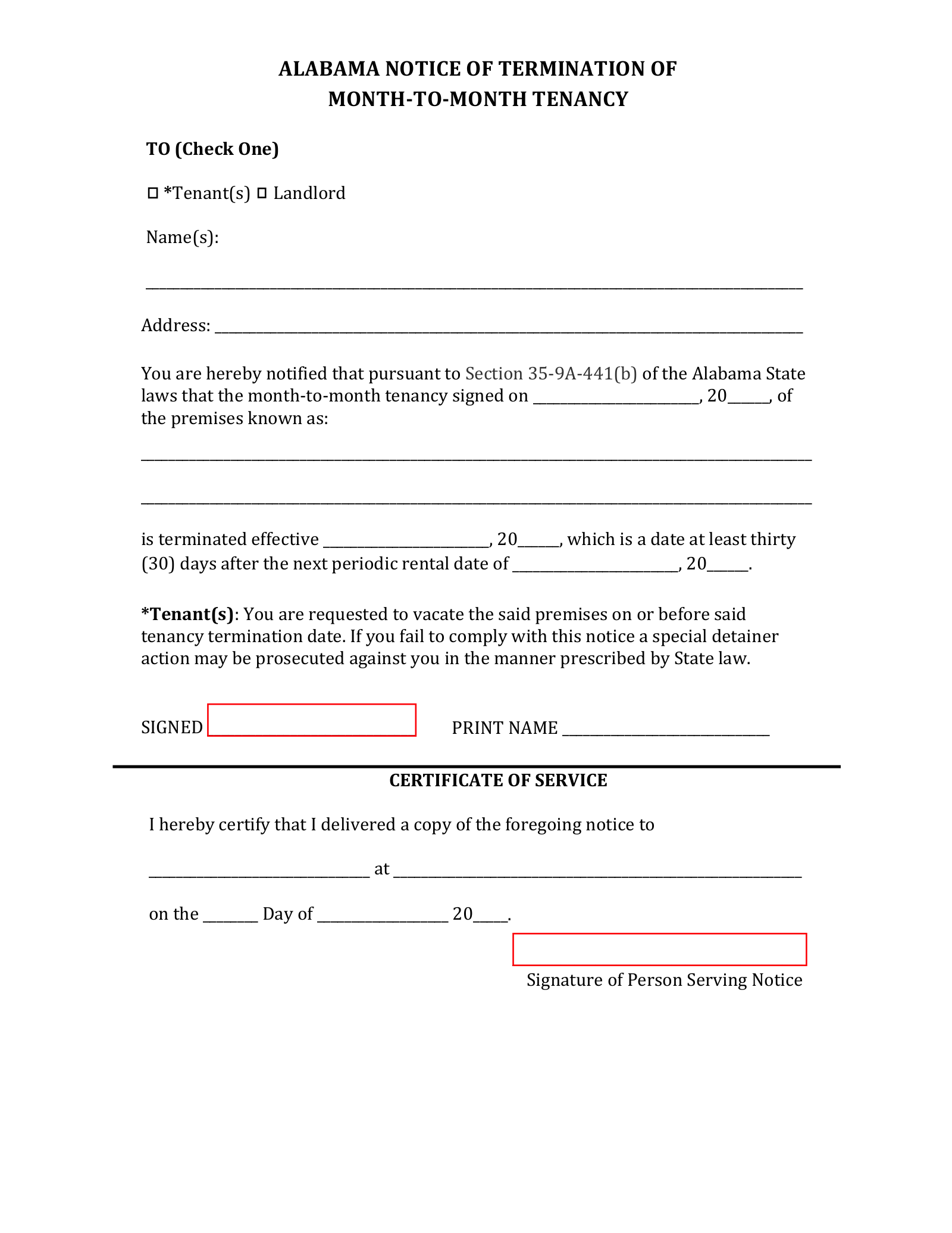 Alabama Lease Termination Letter Form | 30-Day Notice
