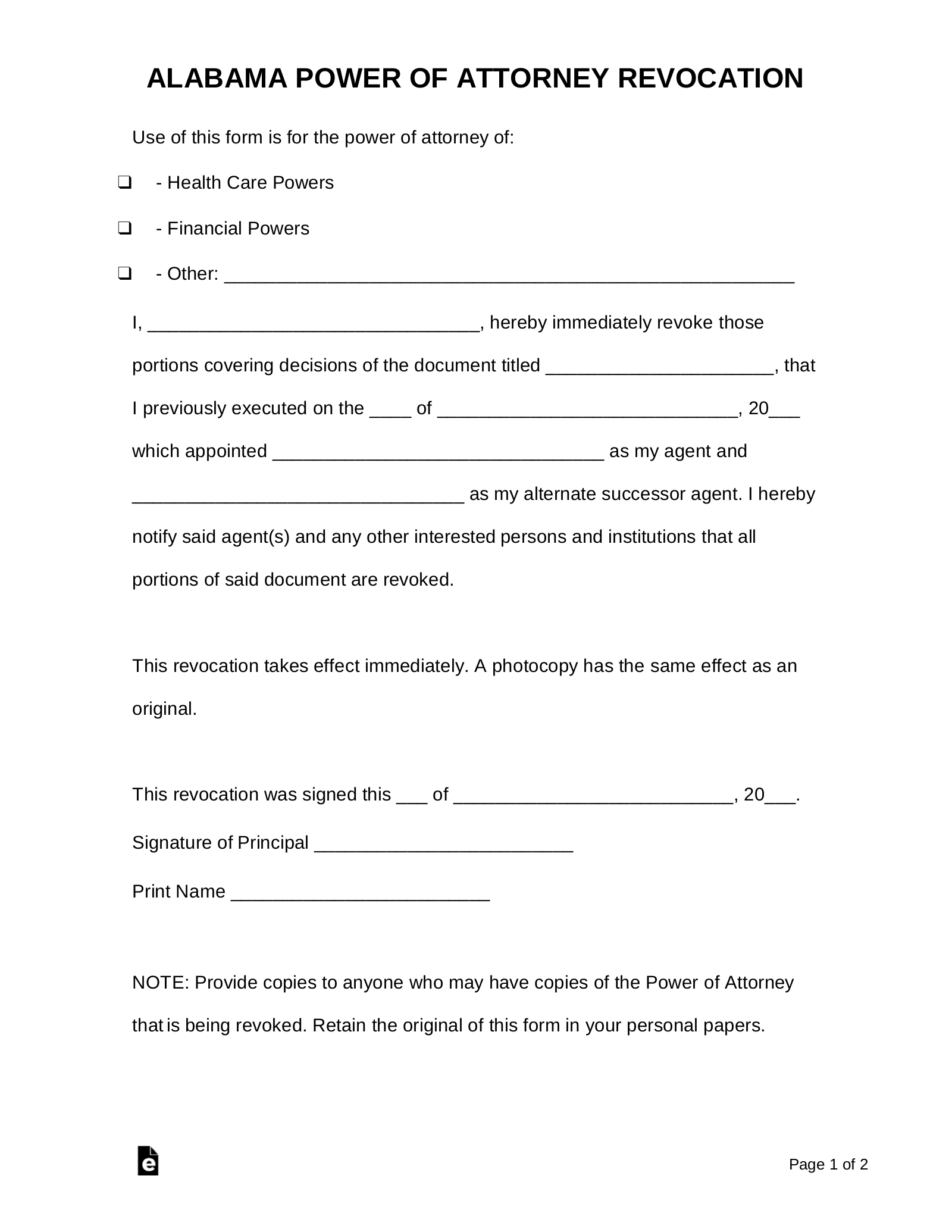 Free Alabama Power Of Attorney Revocation Form PDF Word EForms