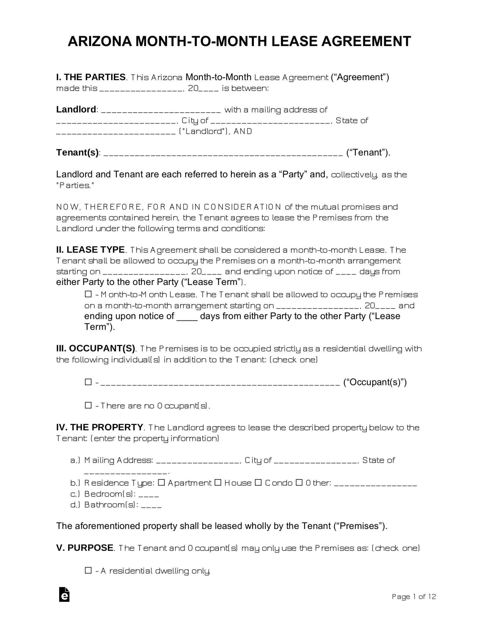 Free Arizona Month To Month Lease Agreement Template Pdf Word Eforms 1408