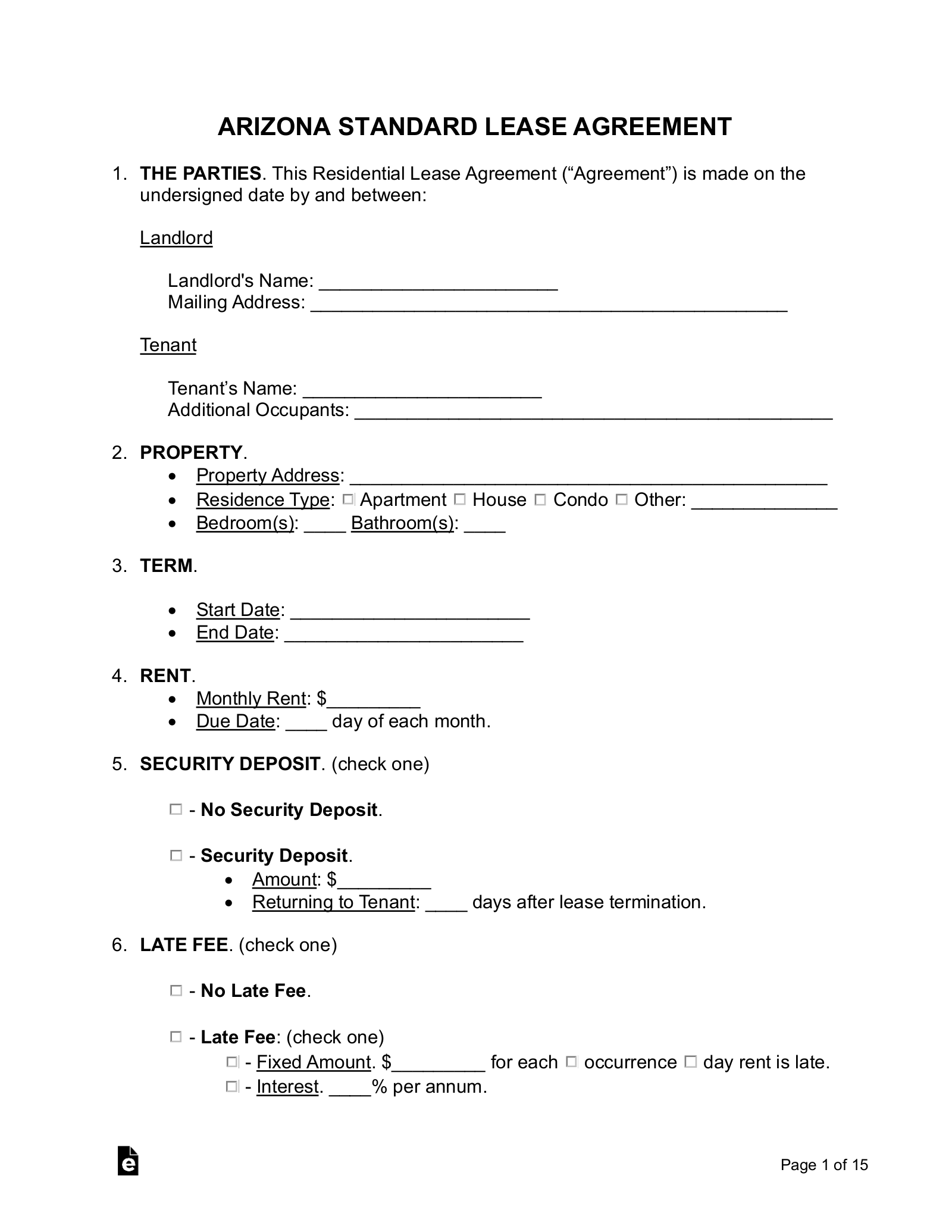 Free Arizona Standard Residential Lease Agreement Template PDF Word