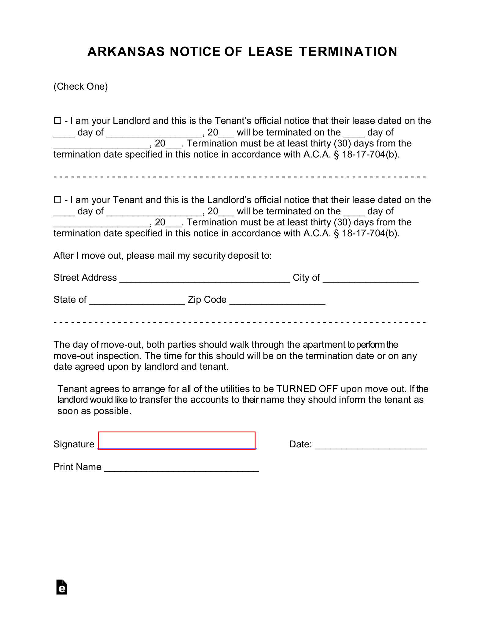 Arkansas Lease Termination Letter Form | 30-Day Notice