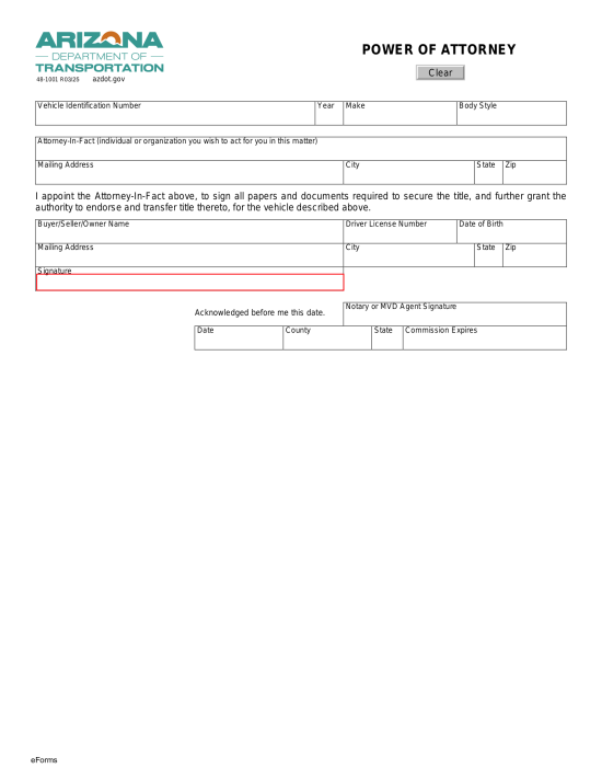 Arizona Vehicle Power of Attorney Form